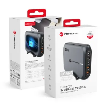 Forcell F-Energy GaN3 VT-51 3x USB-C 2x USB-A PD QC4.0 SFC2.0 5A 200W šedá