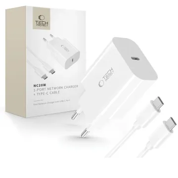 Tech-Protect NC20W 1-Portov&aacute; S&iacute;ťov&aacute; nab&iacute;ječka PD 20W + USB-C kabel &ndash; B&iacute;l&aacute;
