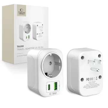 Tech-Protect TA100 cestovní adaptér US na EU s USB-A a USB-C 2500W bílý
