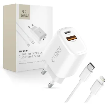 Tech-Protect NCA45W-GaN USB-C USB-A PD 45W QC3.0 + USB-C / Lightning kabel - bílá