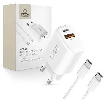 Tech-Protect NCA30 2-portov&aacute; nab&iacute;ječka PD 30W QC3.0 + USB-C kabel (b&iacute;l&aacute;)