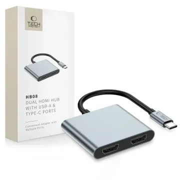 Tech-Protect HB08 Hub adaptér 4v1 USB-C USB2.0 2xHDMI 4K 60Hz vesmírně šedý