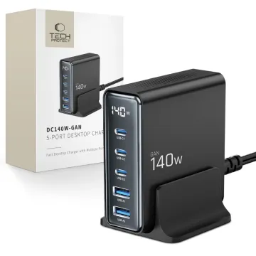Stoln&iacute; nab&iacute;ječka Tech-Protect DC140W-GAN 5-PORT PD140W/QC3.0 čern&aacute;