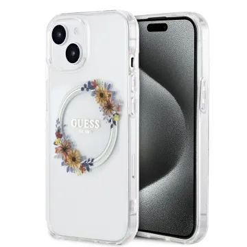 Kryt Guess Flowers Wreath MagSafe iPhone 15 čirý